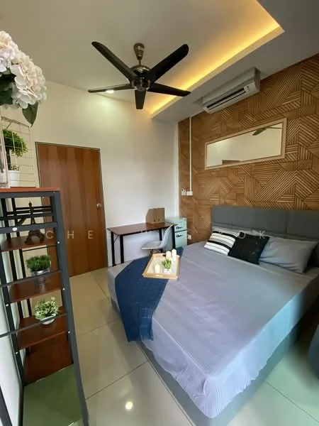 Bedroom features: queen-size bed with grey bedding, upholstered headboard, 2 bedside lamps, wooden side table, wall-mounted mirror, ceiling fan with light, air conditioning unit, decorative wall paneling, built-in wardrobe, greenery in ceramic pots, tile flooring, decorative throw blanket; style: modern.