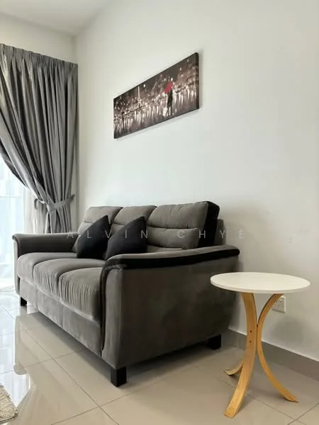 Living features: grey fabric 3-seater sofa, black accent cushions, white round side table, grey curtains, white painted walls, glossy tile flooring, framed artwork on wall, floor-to-ceiling windows; style: modern.