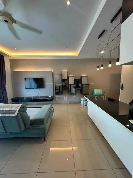 Living features: 3-seater fabric sofa in teal, wall-mounted TV, TV console, recessed LED downlights, pendant lighting, grey accent wall, white walls, glossy tile flooring, large windows with dark curtains, decorative mirrors, open-plan layout with kitchen area; style: modern.