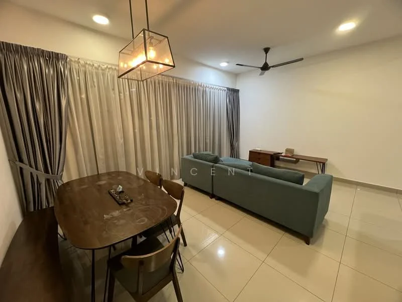 Living features: 3-seater fabric sofa in teal, wooden dining table, 4 dining chairs, floor-to-ceiling curtains, recessed LED downlights, ceiling fan, sideboard, glossy tile flooring, neutral painted walls; style: modern.