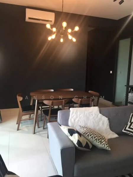 Living features: grey fabric sofa, decorative throw pillow with geometric pattern, wooden dining table, 6 wooden dining chairs, chandelier with exposed bulbs, white walls, black accent wall, air conditioning unit, tile flooring, area rug; style: modern.