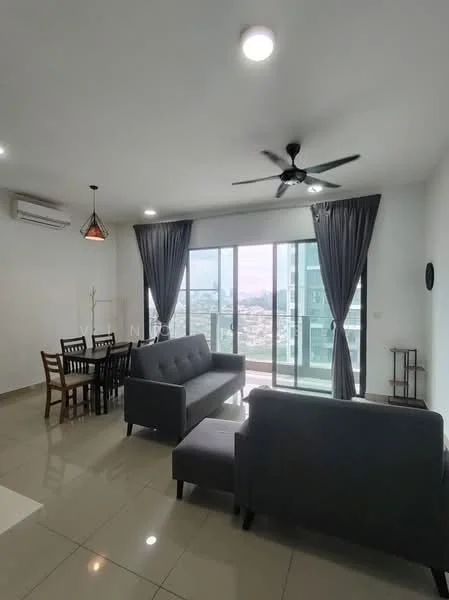 Living features: 5-blade ceiling fan with light, sofa in grey, coffee table, TV console, wall-mounted TV, area rug, floor-to-ceiling windows, sliding glass door, curtains, dining table with chairs, recessed downlights, cream painted walls, glossy tile flooring, air conditioning unit; style: modern; view: city.