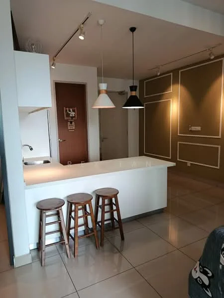 Kitchen features: white countertop, stainless-steel sink, chrome pull-down faucet, 3 wooden bar stools, pendant lighting in black and white, cream painted walls, grey accent wall, recessed downlights, glossy tile flooring; style: modern.