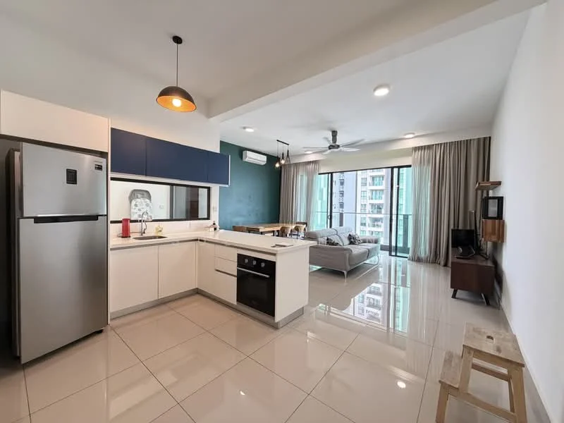 Kitchen features: white cabinetry, blue upper cabinets, stainless-steel fridge, built-in oven, 4-burner gas hob, single-bowl stainless-steel sink, chrome pull-down faucet, white quartz countertop, tile backsplash, recessed downlights, pendant light, open shelving, polished tile flooring; style: modern; view: city. Living features: 3-seater fabric sofa in grey, coffee table, TV console, wall-mounted TV, area rug, floor-to-ceiling windows, curtains, ceiling fan, polished tile flooring; style: modern; view: city.