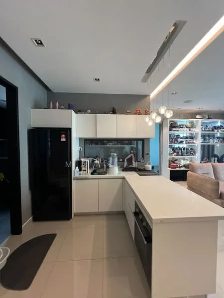 Kitchen features: white cabinetry, black refrigerator, stainless-steel built-in oven, white countertop, single-bowl stainless-steel sink, chrome pull-down faucet, pendant lighting, ceramic tile flooring, open shelving, decorative items on shelves, grey accent wall, recessed lighting; style: modern.