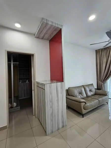 Room features: light grey tiled flooring, white painted walls, red accent wall, wooden cabinetry with grey finish, sofa in beige leather, ceiling fan, recessed downlights, curtains in beige fabric; style: modern.