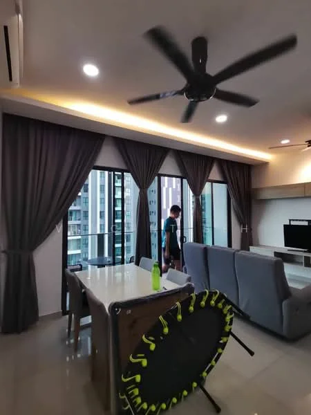 Living features: 5-blade ceiling fan, floor-to-ceiling windows, grey fabric sofa, dining table with 4 chairs, TV console, wall-mounted TV, curtains in dark grey, recessed lighting, light wood cabinetry, polished tile flooring; style: modern; view: city.