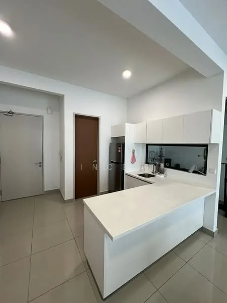 Kitchen features: white cabinetry, stainless-steel fridge, single-bowl stainless-steel sink, chrome pull-down faucet, white countertop, grey tile flooring, recessed downlights, open layout, wall-mounted cabinets, black backsplash, kitchen island, appliances visible; style: modern.
