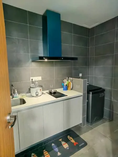 Kitchen features: grey tiled walls, light grey cabinetry, white countertop, single-bowl stainless-steel sink, chrome pull-down faucet, built-in stove, stainless-steel range hood, black trash bin, kitchen mat with fish design, appliances including rice cooker, wall-mounted shelves, tile flooring; style: modern.