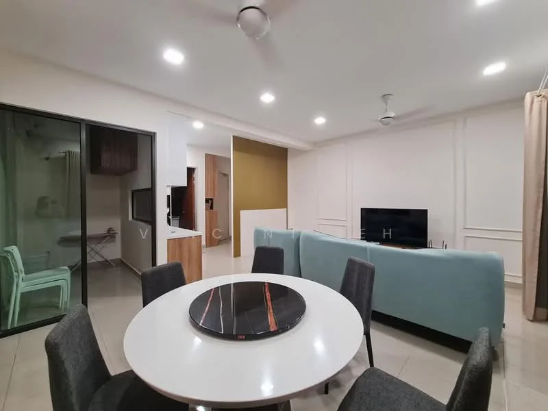 Living features: sofa in light blue, round dining table, 4 dining chairs, wall-mounted TV, ceiling fan, recessed downlights, light-colored tiled flooring, decorative wall paneling, large glass sliding door, curtains, decorative round coffee table; style: modern. Room features: kitchen area visible, wood cabinetry, appliances visible.