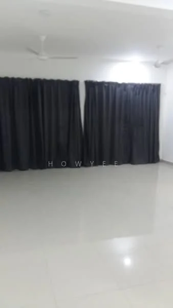 Room features: white painted walls, glossy tile flooring, black curtains, ceiling fan, recessed lighting; style: modern.