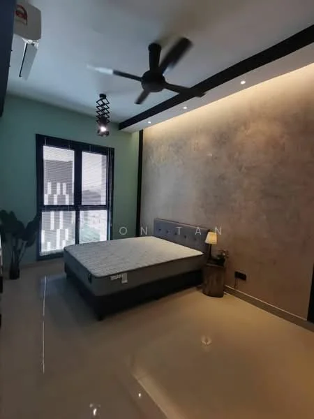 Bedroom features: king-size bed, upholstered headboard, 2 bedside lamps, wooden side table, ceiling fan with light, recessed downlights, green accent wall, textured feature wall, floor-to-ceiling windows with blinds, polished tile flooring, decorative plant; style: modern.