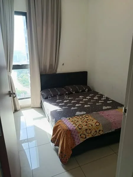 Bedroom features: queen-size bed, black upholstered headboard, bedding with patterned design, floor-to-ceiling window, curtains, white painted walls, glossy tile flooring, natural light from window; style: modern; view: city.