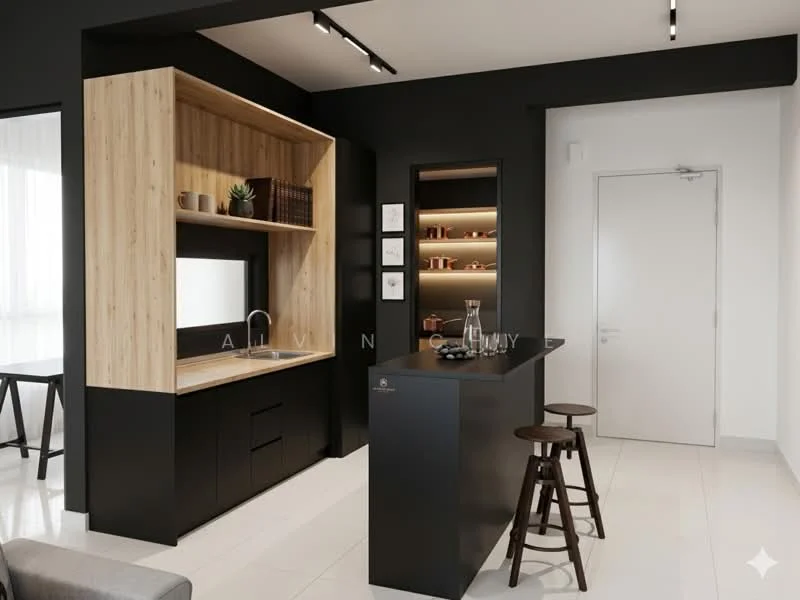Kitchen features: black cabinetry, wooden shelving, white countertop, built-in sink, mirror backsplash, recessed lighting, bar counter with stools, open shelving with decor, modern faucet, tile flooring, neutral wall color, minimalist design; style: modern.