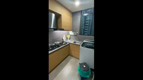 Kitchen features: laminate cabinetry in light wood, grey tiled backsplash, stainless-steel sink, chrome pull-down faucet, built-in gas stove with 2 burners, stainless-steel range hood, countertop with space for appliances, washing machine, grey floor tiles, recessed downlights; style: modern.
