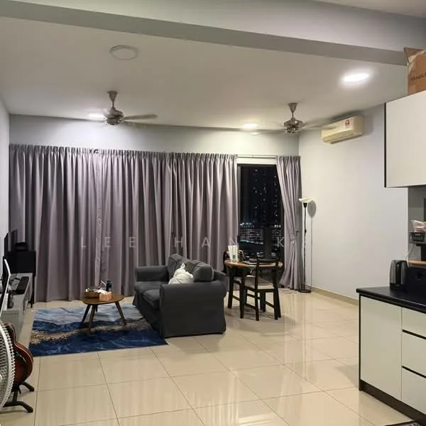 Living features: grey fabric sofa, 3-seater sofa, coffee table, area rug with geometric pattern, wall-mounted TV, TV console, 2 ceiling fans, floor-to-ceiling windows with sheer curtains, light-colored walls, glossy tile flooring, dining table for 2, standing lamp; style: modern; view: city.