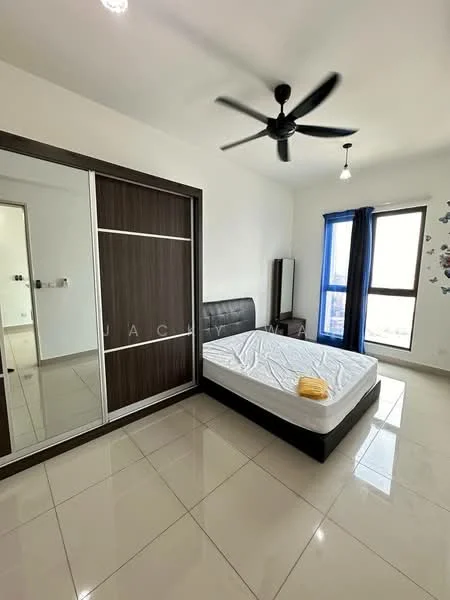 Bedroom features: queen-size bed, upholstered headboard, 2 bedside lamps, built-in wardrobe with sliding doors, floor-to-ceiling windows, blue curtains, white painted walls, polished ceramic tile flooring, 5-blade ceiling fan with light, decorative wall decals; style: modern.