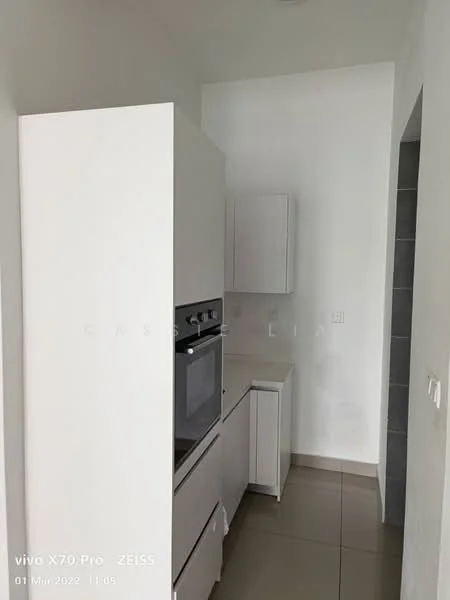 Kitchen features: white cabinetry, built-in oven, stainless-steel range, countertop with storage, tile backsplash, neutral wall color, grey floor tiles, recessed lighting; style: modern.