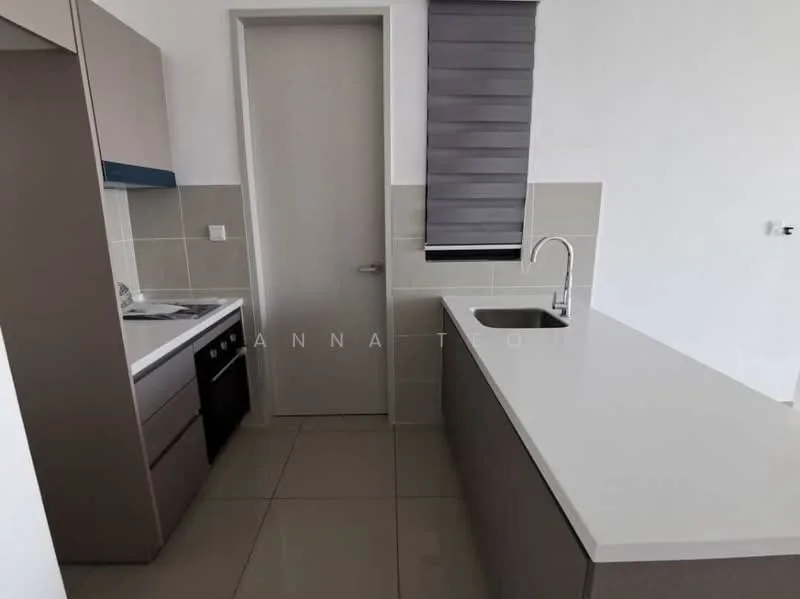 Kitchen features: white quartz countertop, grey cabinetry, built-in oven, 4-burner gas hob, stainless-steel sink, chrome pull-down faucet, tile backsplash, sliding door, roller blinds, ceramic tile flooring, recessed downlights; style: modern.