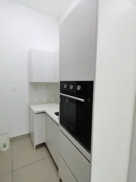 Kitchen features: white cabinetry, black built-in oven, stainless-steel fridge, white countertop, tile flooring, wall-mounted cabinets, single-bowl stainless-steel sink, chrome faucet; style: modern.