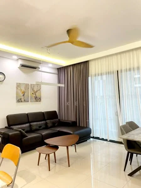 Living features: 3-seater leather sofa in dark brown, 2 small wooden side tables, coffee table, floor-to-ceiling windows with sheer curtains, grey curtains, wall-mounted air conditioning unit, recessed LED downlights, ceiling fan with light, framed artwork on the wall, glossy tile flooring; style: modern.