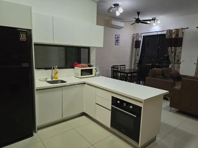 Kitchen features: white cabinetry, white countertop, stainless-steel sink, built-in oven, microwave, black fridge, ceramic tile flooring, recessed downlights, window with view, open layout to living area; style: modern. Living features: sofa in brown fabric, dining table for four, ceiling fan, curtains, wall-mounted artwork, tile flooring; style: modern.
