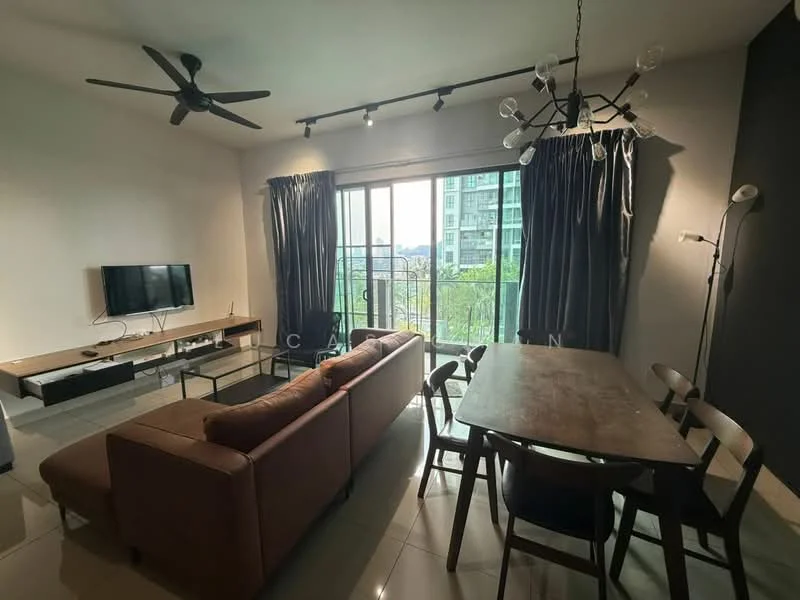 Living features: 3-seater leather sofa in brown, coffee table, wall-mounted TV, TV console, dining table for 6, black dining chairs, ceiling fan with light, floor-to-ceiling windows, blackout curtains, light grey walls, dark accent wall, tile flooring; style: modern; view: city.