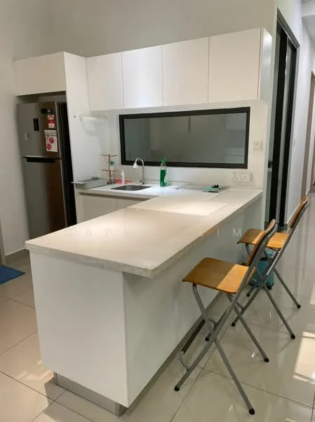 Kitchen features: white cabinetry, marble countertop, single-bowl stainless-steel sink, chrome pull-down faucet, built-in refrigerator, tile flooring, window above sink, two bar stools, open layout, under-cabinet lighting; style: modern.