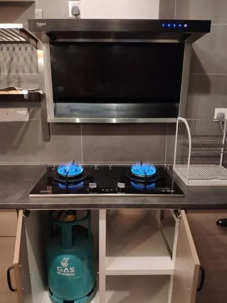 Kitchen features: built-in gas hob with two burners, stainless-steel range hood, black glass backsplash, grey countertop, wood cabinetry, open shelving, gas cylinder storage, under-cabinet lighting; style: modern.