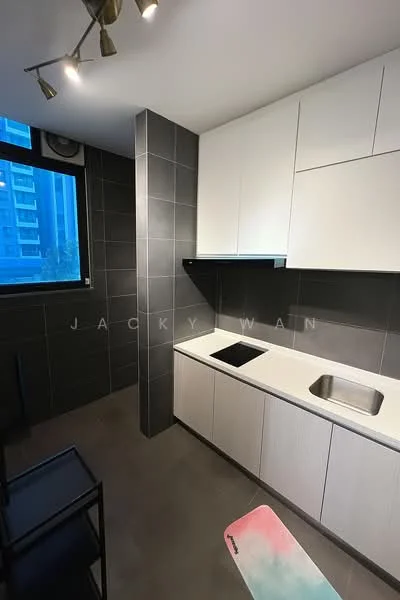 Kitchen features: white cabinetry with flat-panel doors, black countertop, stainless-steel single-bowl sink, chrome pull-down faucet, black wall-mounted range hood, grey tiled backsplash, grey floor tiles, recessed downlights, window with city view, open shelving, kitchen island, 2 high-backed black chairs; style: modern; view: city.