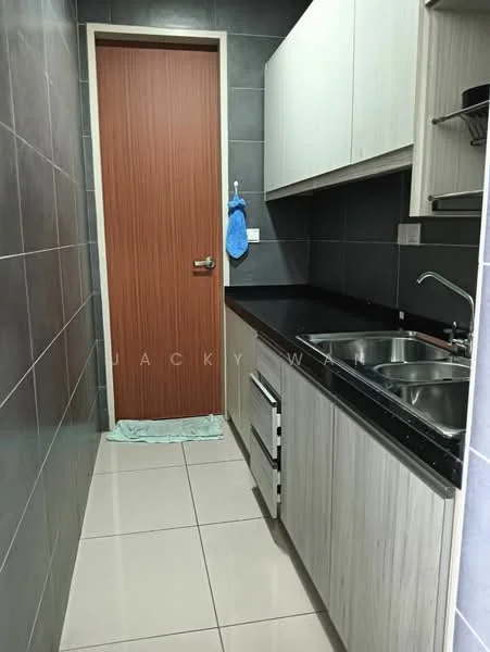 Kitchen features: grey tiled walls, light wood cabinetry, black granite countertop, double-bowl stainless-steel sink, chrome pull-down faucet, built-in oven, ceramic tile flooring, door leading to another room; style: modern.