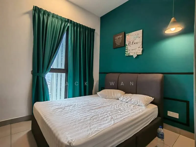 Bedroom features: queen-size bed, upholstered headboard, white bedding, green curtains, floor-to-ceiling window, wall-mounted light fixture, painted accent wall in teal, cream tiled flooring; style: modern; view: city.