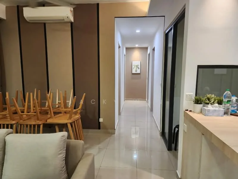 Living features: sofa in light grey fabric, wooden dining chairs stacked, marble tile flooring, recessed downlights, air conditioning unit on wall, neutral wall colour with accent wall, open layout to hallway, decorative wall art, glass panel partition, small decorative plant on countertop; style: modern. Room features: hallway leading to multiple rooms, white painted walls, tile flooring, framed artwork on wall, doorway to rooms.
