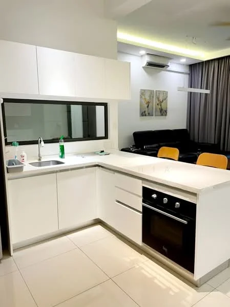 Kitchen features: white cabinetry, marble countertop, single-bowl stainless-steel sink, chrome pull-down faucet, built-in oven, 4-burner gas hob, recessed downlights, tile flooring, open layout to living area, window with black frame, kitchen island, stainless-steel range hood; style: modern. Living features: black leather sofa, coffee table, wall-mounted TV, curtains, air conditioning unit; style: modern.