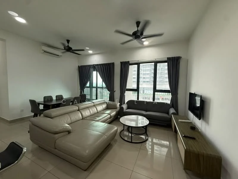 Living features: 3-seater leather sofa in light grey, 2-seater fabric sofa in dark grey, round coffee table with glass top, wall-mounted TV, TV console in wood finish, floor-to-ceiling windows, blackout curtains, 2 ceiling fans, white painted walls, tile flooring, recessed downlights; style: modern; view: city. Dining features: 4-seater dining table, black dining chairs, white painted walls, tile flooring; style: modern; view: city.