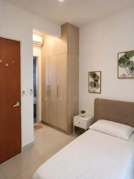 Bedroom features: single bed with white bedding, upholstered headboard, built-in wardrobe with wooden finish, white painted walls, tile flooring, nightstand with drawer, framed artwork on walls, ceiling-mounted air conditioning unit; style: modern.