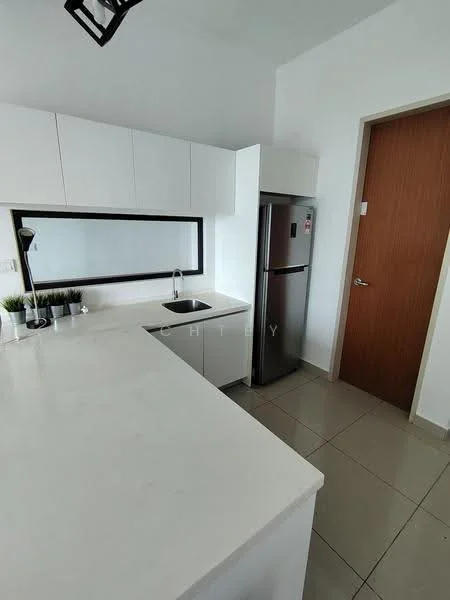 Kitchen features: white cabinetry, marble countertop, single-bowl stainless-steel sink, chrome pull-down faucet, stainless-steel fridge, mirror backsplash, under-cabinet lighting, tile flooring, wall-mounted lamp, door leading to hallway; style: modern.