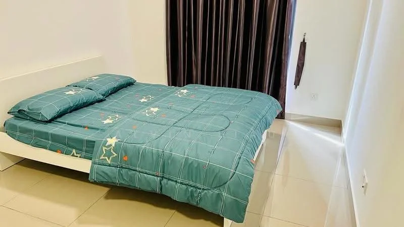 Bedroom features: queen-size bed with teal bedding, white bed frame, floor-to-ceiling window, dark brown curtains, glossy tile flooring, decorative wall with stars, nightstand, light switch on wall; style: modern.