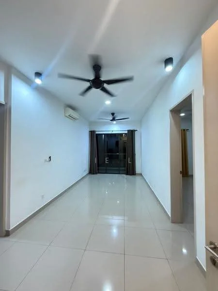 Living features: white painted walls, glossy ceramic tile flooring, tray ceiling, 2 ceiling fans, recessed LED downlights, floor-to-ceiling windows, curtains, sliding glass door; style: modern.