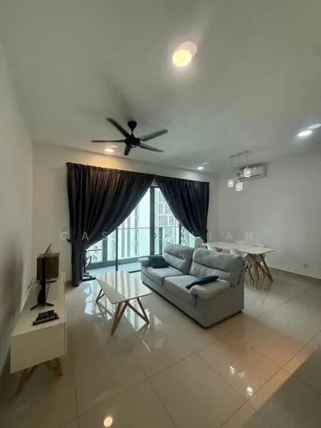 Living features: 3-seater fabric sofa in light grey, 2 coffee tables with wooden legs, TV console, wall-mounted TV, floor-to-ceiling windows, sheer curtains, dark grey curtains, ceiling fan with light, recessed LED downlights, polished ceramic tile flooring, air conditioning unit; style: modern.