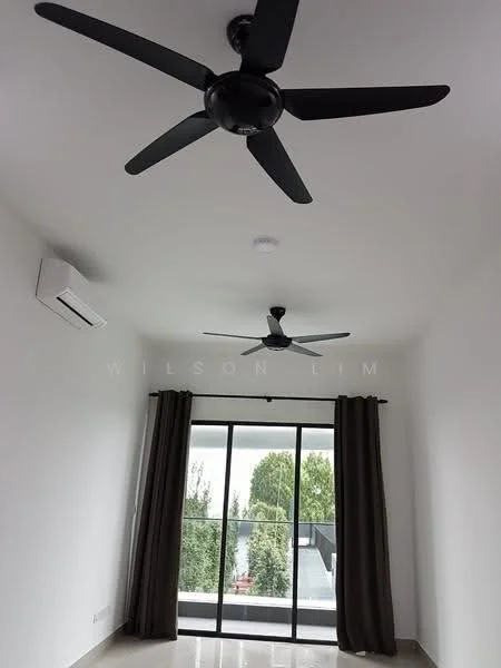Room features: 2 ceiling fans, 1 wall-mounted split AC, floor-to-ceiling sliding glass door, blackout curtains, white painted walls, polished tile flooring, natural light from sliding door, view of greenery outside; style: modern; view: garden.