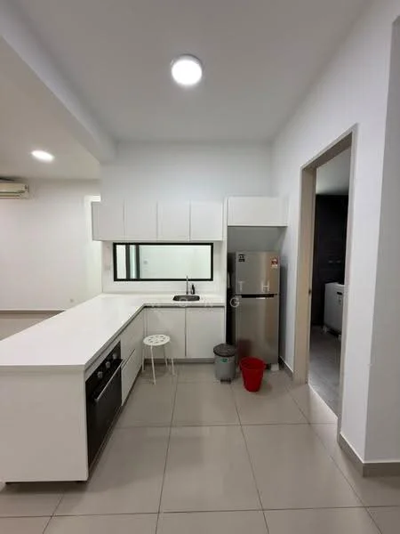 Kitchen features: white cabinetry, marble countertop, single-bowl stainless-steel sink, chrome pull-down faucet, built-in oven, stainless-steel fridge, ceramic tile flooring, recessed downlights, window above sink, open shelving, stool, grey backsplash; style: modern.