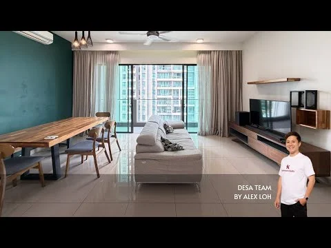 Living features: grey fabric sofa, wooden dining table for 6, wooden dining chairs, TV console with storage, wall-mounted TV, floor-to-ceiling windows, sheer curtains, recessed downlights, ceiling fan, cream tiled flooring, green accent wall, decorative throw pillows, area rug; style: modern; view: city.