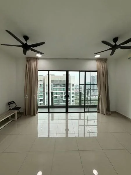 Living features: white painted walls, glossy tile flooring, 2 ceiling fans, floor-to-ceiling windows, sliding glass door, sheer curtains, recessed LED downlights, balcony access, neutral color scheme, open layout; style: modern; view: city.