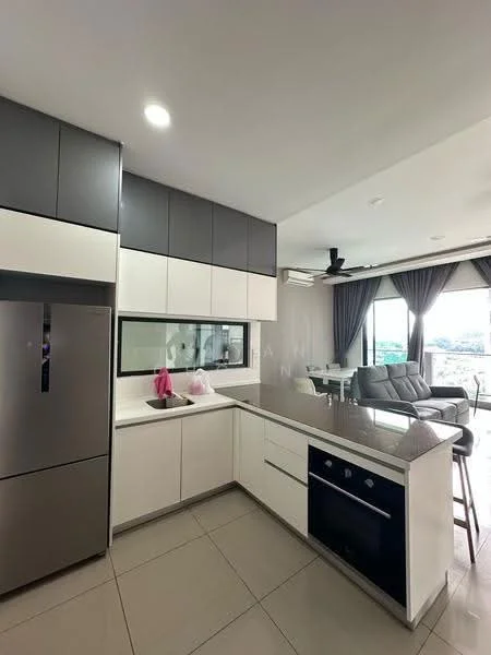 Kitchen features: white and grey cabinetry, stainless-steel fridge, built-in oven, ceramic cooktop, single-bowl stainless-steel sink, chrome pull-down faucet, white quartz countertop, tile flooring, recessed downlights, floor-to-ceiling windows, grey curtains, open layout to living area; style: modern; view: city.
