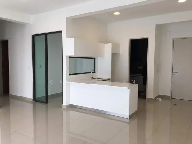 Kitchen features: white cabinetry, marble countertop, single-bowl stainless-steel sink, chrome pull-down faucet, built-in oven, freestanding range oven, ceramic tile flooring, recessed downlights, open layout, wall-mounted cabinets, glass sliding door, neutral wall color; style: modern. Room features: ceramic tile flooring, neutral wall color, open layout.