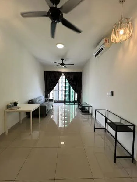 Living features: 3-seater fabric sofa in grey, white painted walls, polished ceramic tile flooring, ceiling fan with light, recessed downlights, floor-to-ceiling windows, blackout curtains, glass coffee table, glass side table, air conditioning unit; style: modern; view: city.