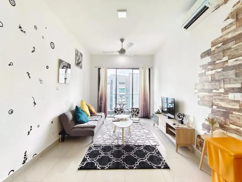 Living features: 3-seater fabric sofa in grey, 2-seater fabric sofa in beige, coffee table, TV console, wall-mounted TV, area rug with geometric pattern, ceiling fan, floor-to-ceiling windows, sheer curtains, decorative wall with wood paneling, black accent wall with decorative elements, light-colored tiled flooring, wall clock, houseplants in ceramic pots; style: modern; view: city.