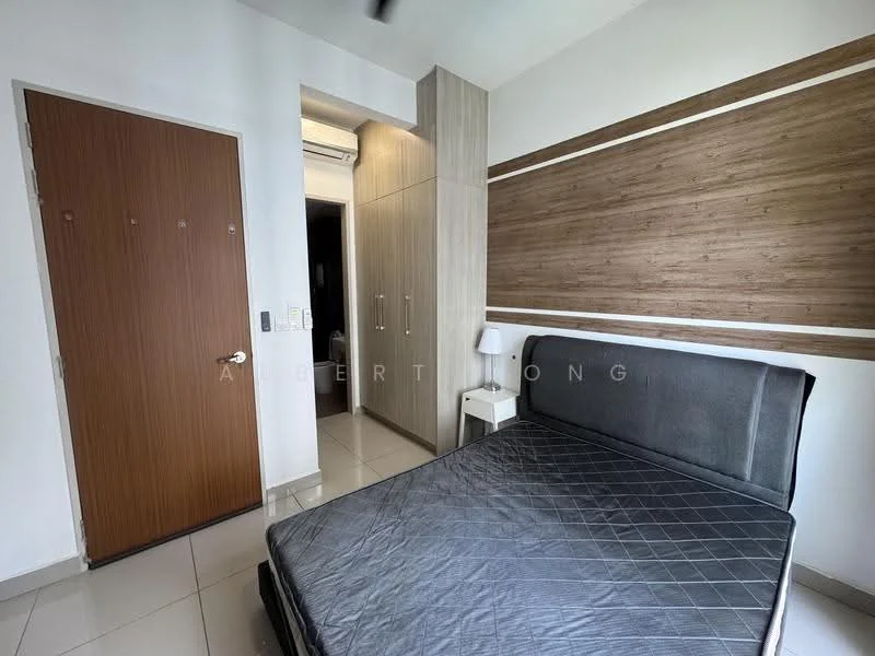 Bedroom features: queen-size bed, wood accent wall, built-in wardrobe, white painted walls, grey tiled flooring, door with security lock, table lamp, ceiling fan; style: modern.