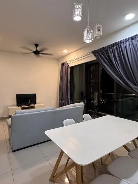Living features: 3-seater fabric sofa in light grey, white dining table with wooden legs, 4 white dining chairs, wall-mounted TV, ceiling fan, recessed downlights, curtains in dark grey, sliding glass door, white tiled flooring, decorative pendant lights; style: modern; view: city.